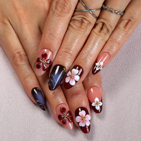 (Handmade) 10pcs/Set Deep Red & Brown French with 3D Floral Press-On Nails