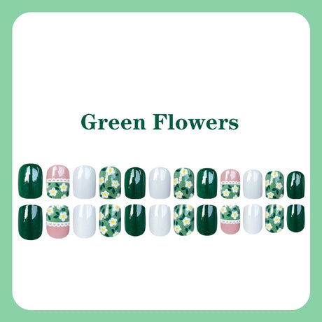 24pcs/Set Dark Green Floral French Press-On Nails