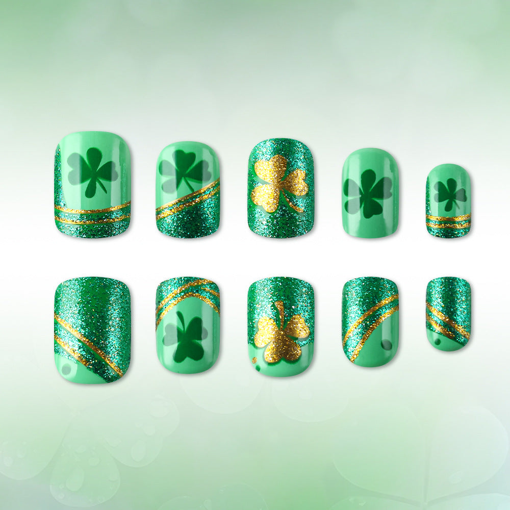 24pcs/Set Two-Tone Clover with Gold Detailing Short Press On Nails