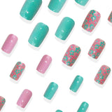 24pcs/Set Mint Green & Pink Color-Block Floral Press-On Nails