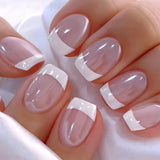 24pcs/Set White French Tip with Glitter Short Press On Nails