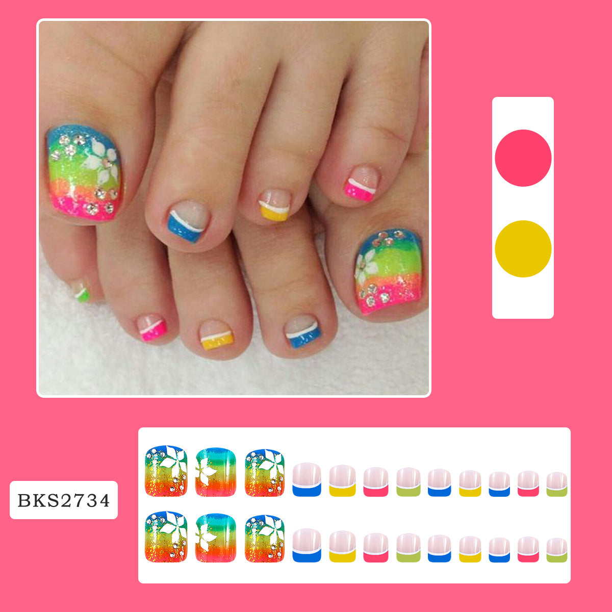 24pcs/Set Colorful Gemstones Press On Toe Nails