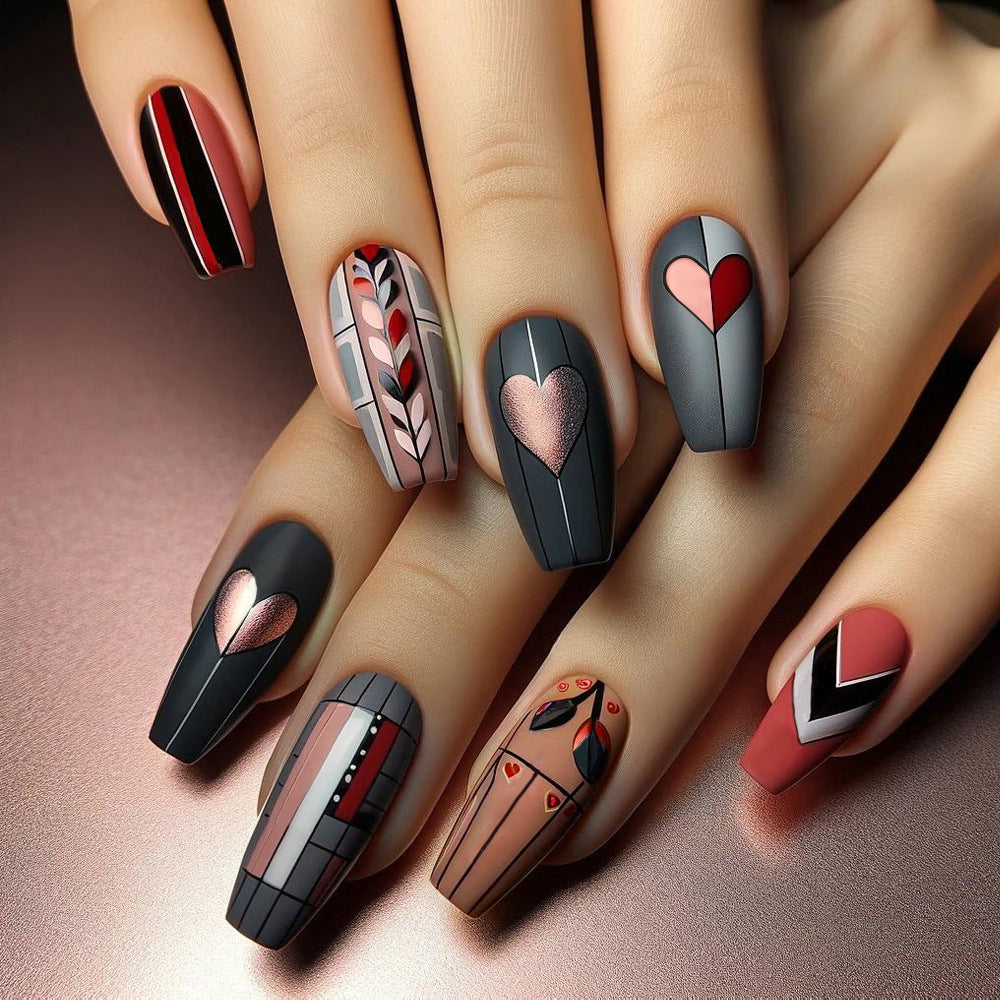 24pcs/Set Heart Plaid Wicker Press-On Nails