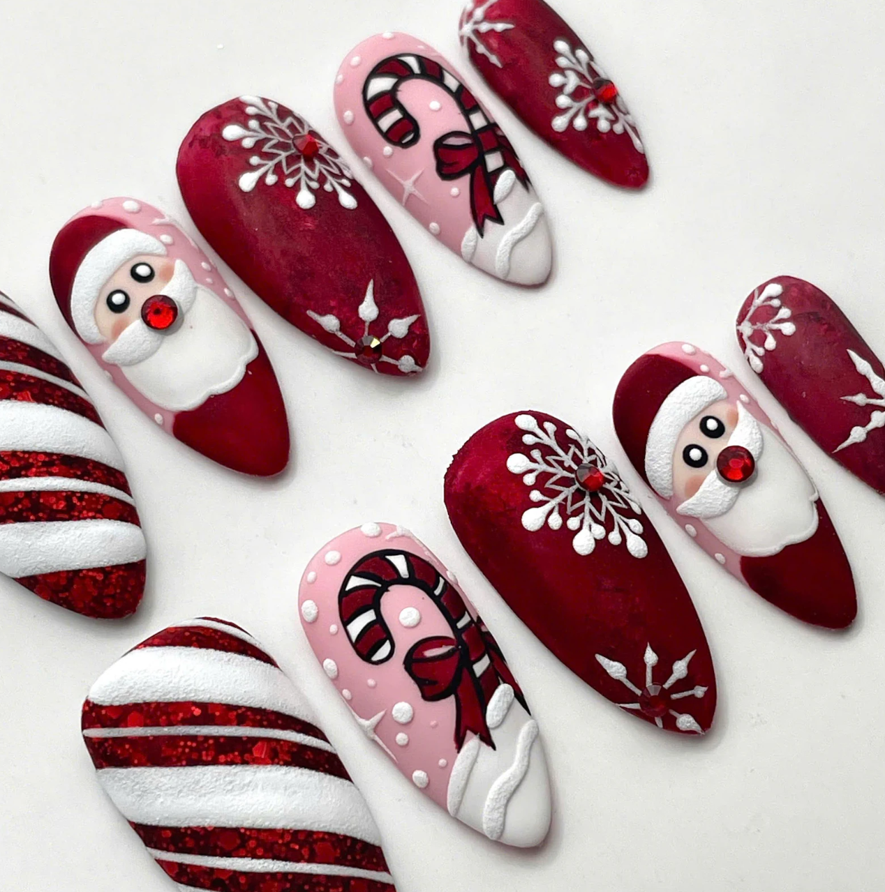 (Handmade) 10pcs/Set Handpainted Merry Christmas Red Press On Nails