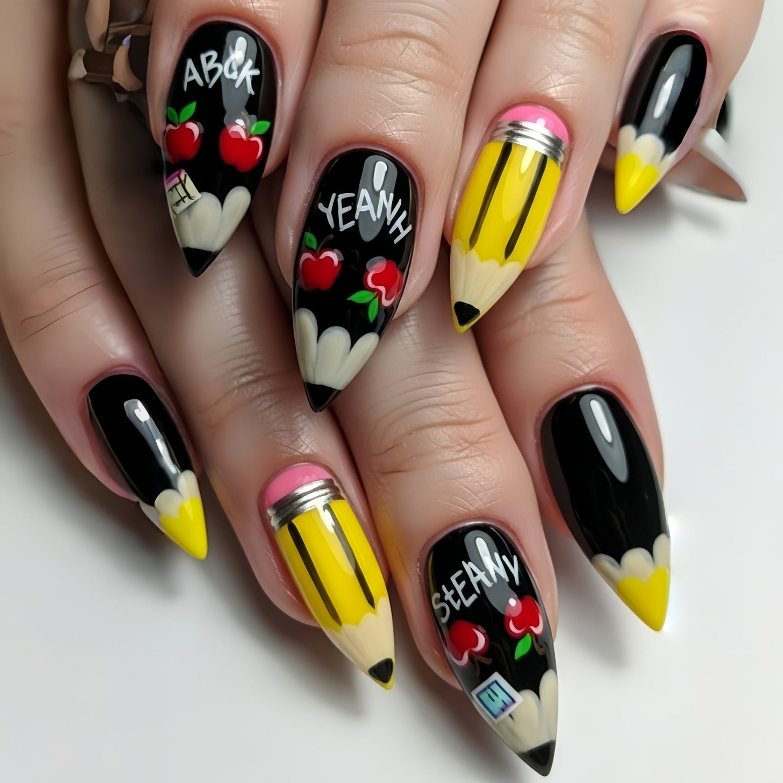 24pcs/Set Black & Yellow Color-Block Cherry Pencil Press-On Nails