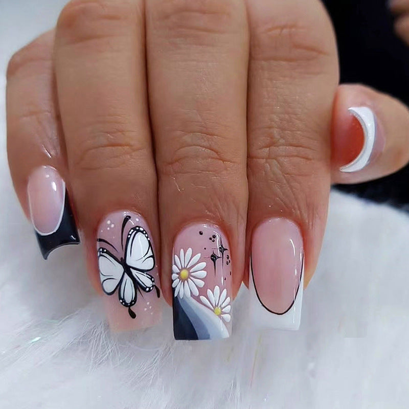 24pcs/Set Butterfly Multicolor Striped Flower Press-On Nails