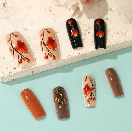 24pcs/Set Autumn Winter Maple Leaves and Branches Press-On Nails