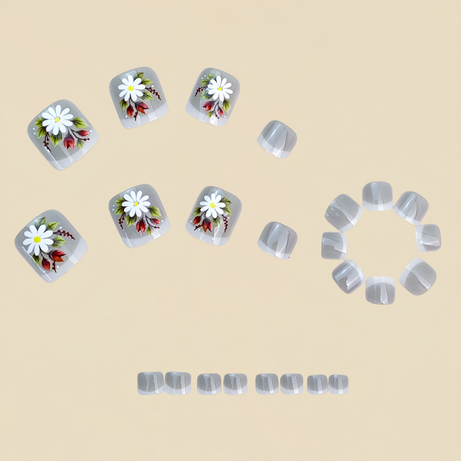 24pcs/Set Gray French Tips with Small Daisies Press On Toe Nails