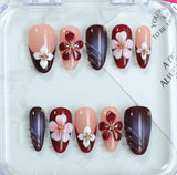 (Handmade) 10pcs/Set Deep Red & Brown French with 3D Floral Press-On Nails
