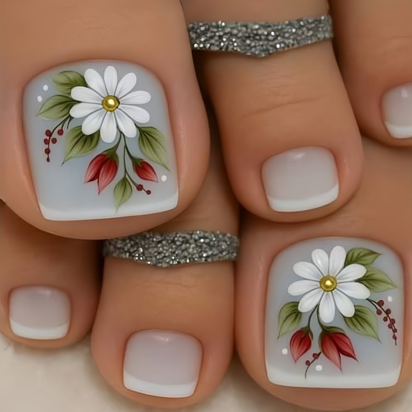 24pcs/Set Gray French Tips with Small Daisies Press On Toe Nails