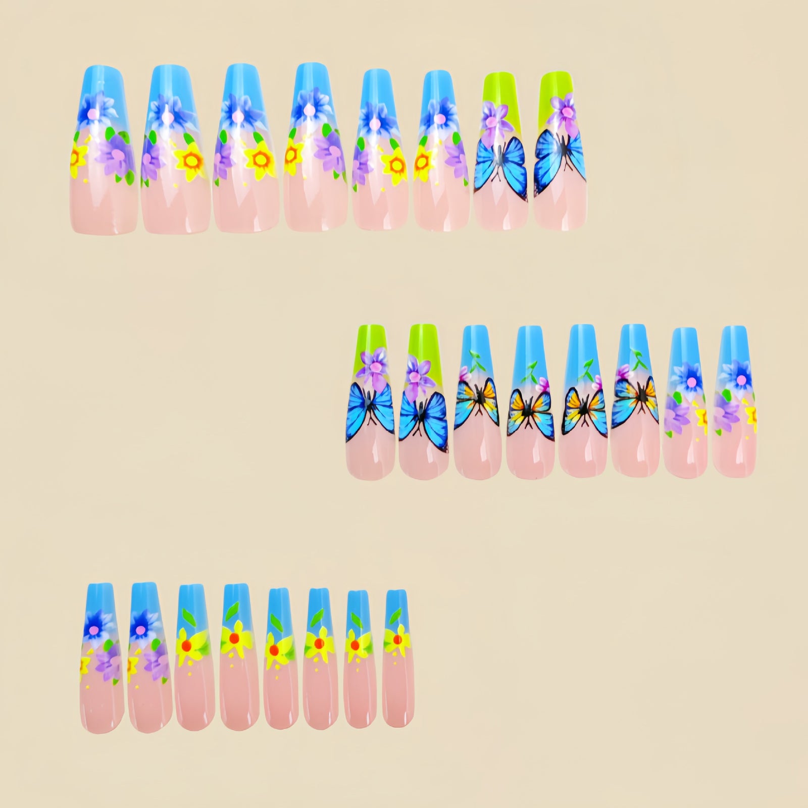 24pcs/Set Green Butterfly Floral Press-On Nails