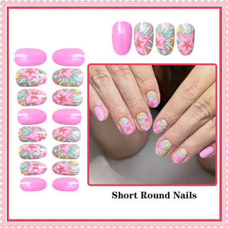 24pcs/Set Pink Flowers Press-On Nails