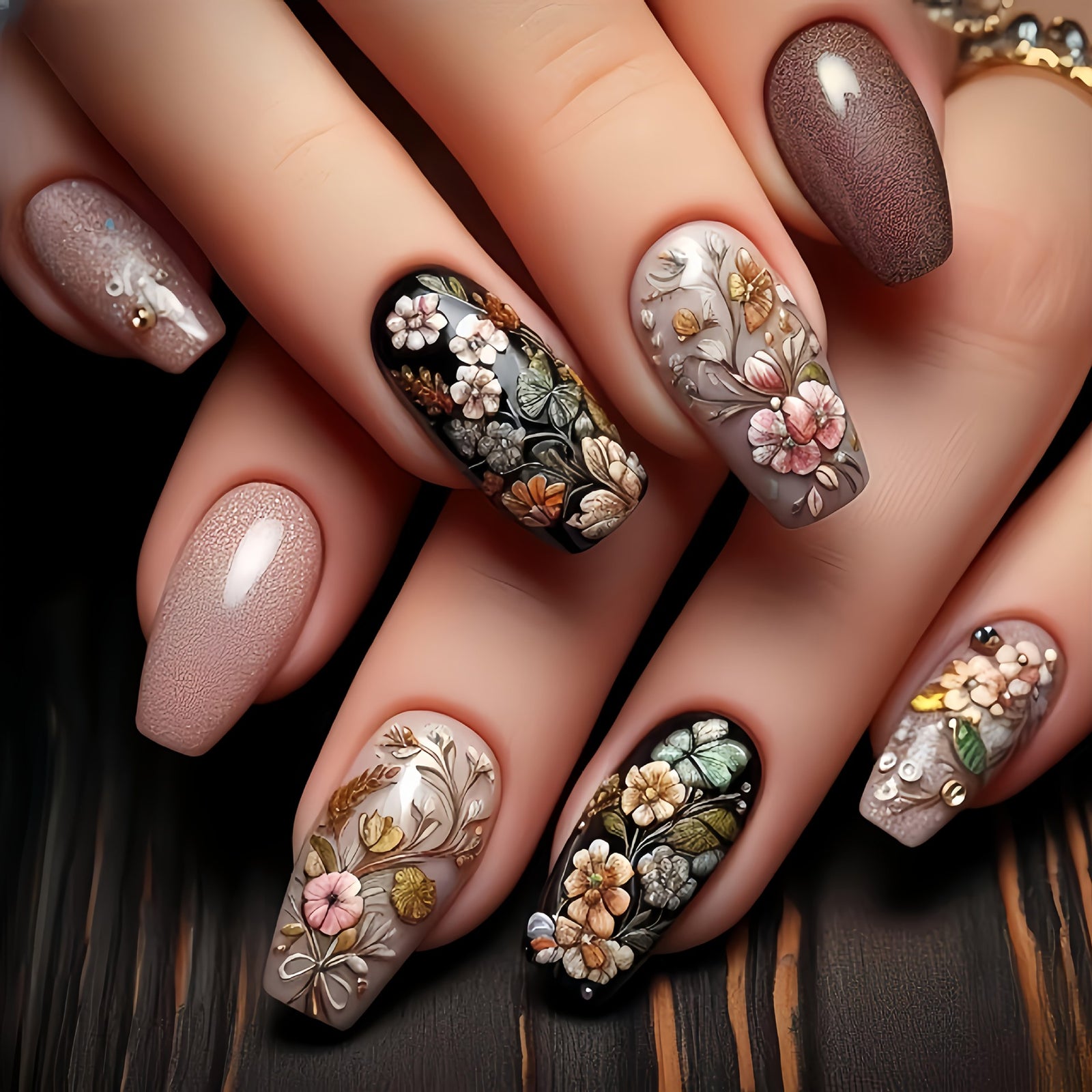 24pcs/Set Botanical Flowers Press-On Nails