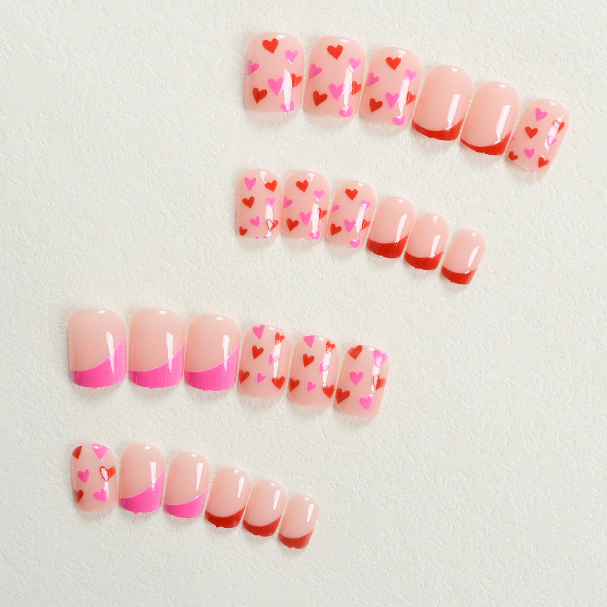 24pcs/Set Heart Diagonal Red French Tips Short Press-On Nails