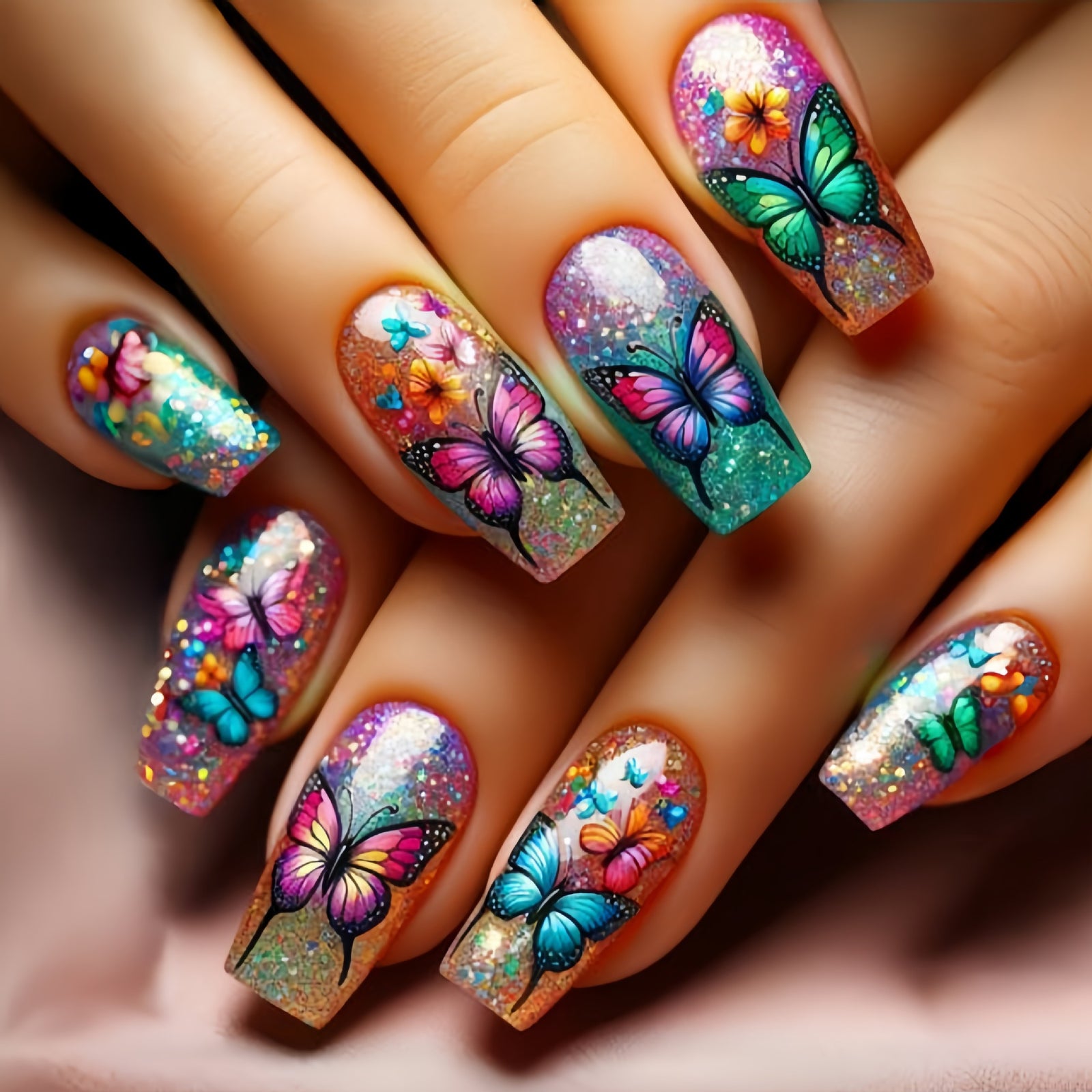 24pcs/Set Colorful Tie-Dye Butterflies Press-On Nails