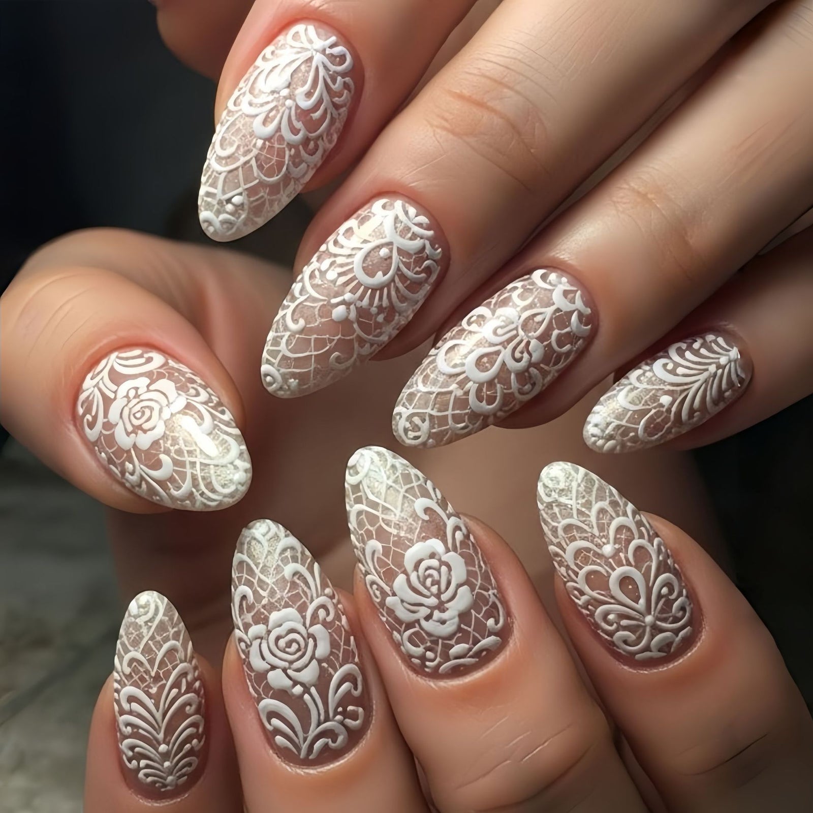 24pcs/Set White Lace Rose Press-On Nails