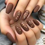 24pcs/Set Autumn & Winter Brown Floral Press-On Nails