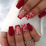 24pcs/Set Red Hearts with Red French Tip & 3D Rhinestones Press-On Nails
