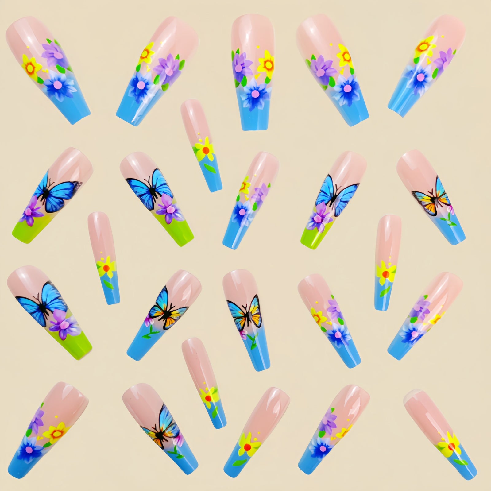 24pcs/Set Green Butterfly Floral Press-On Nails