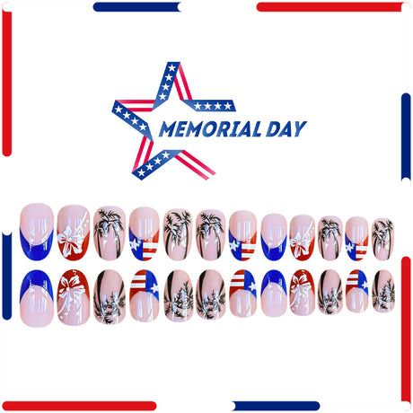 24pcs/Set Red & Blue Colorblock French Tip Palm Tree Press-On Nails