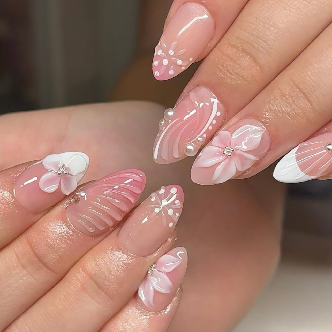 24pcs/Set 3D Floral French Tips Press-On Nails