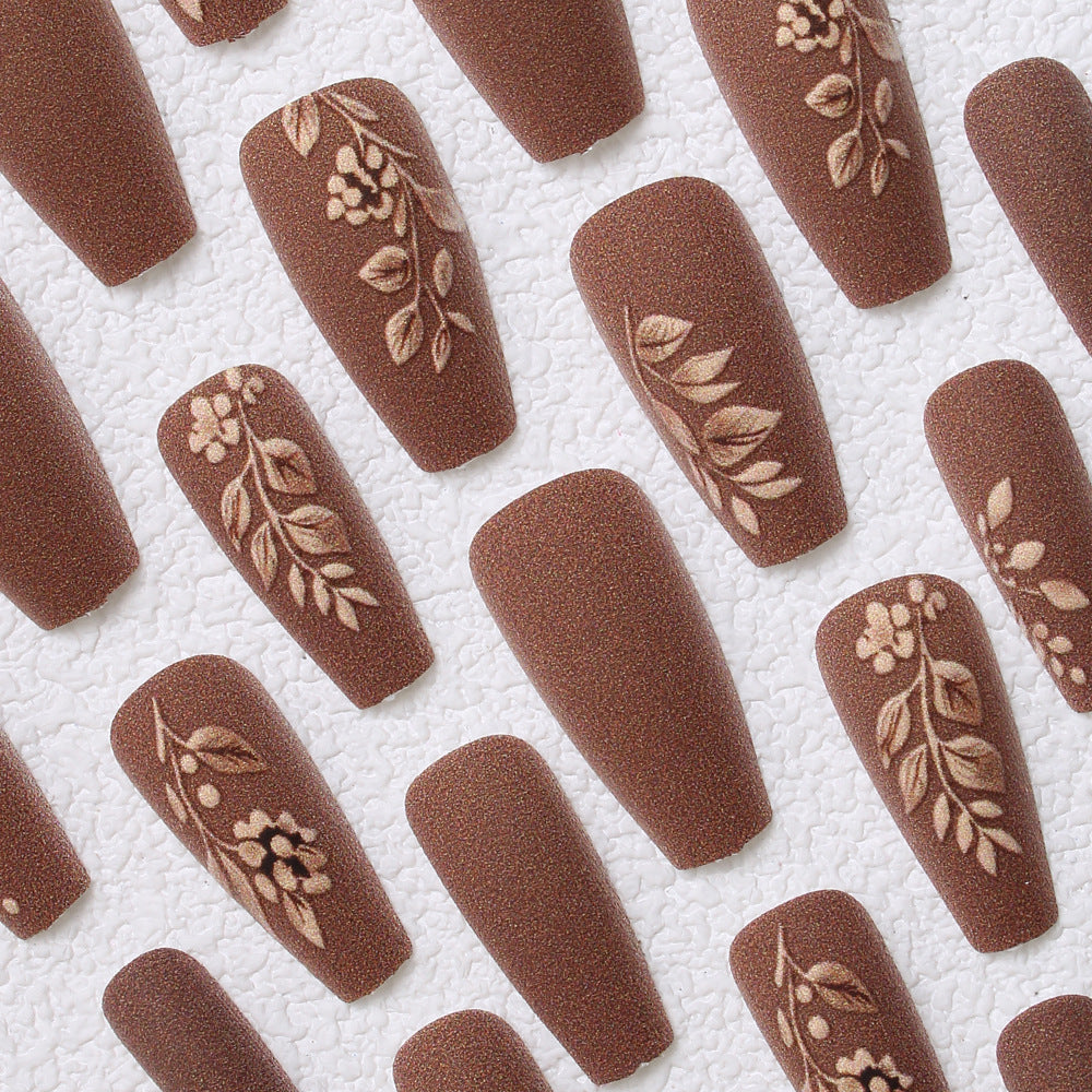 24pcs/Set Autumn & Winter Brown Floral Press-On Nails