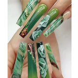 24pcs/Set Extra Long Green Flowers Press-On Nails