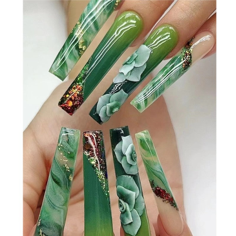 24pcs/Set Extra Long Green Flowers Press-On Nails