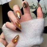 (Handmade) 10pcs/Set Gold & Brown Cat Eye Press-On Nails