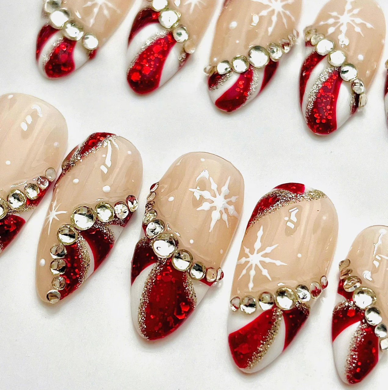 (Handmade) 10pcs/Set Christmas French Color Pinwheel Press On Nails