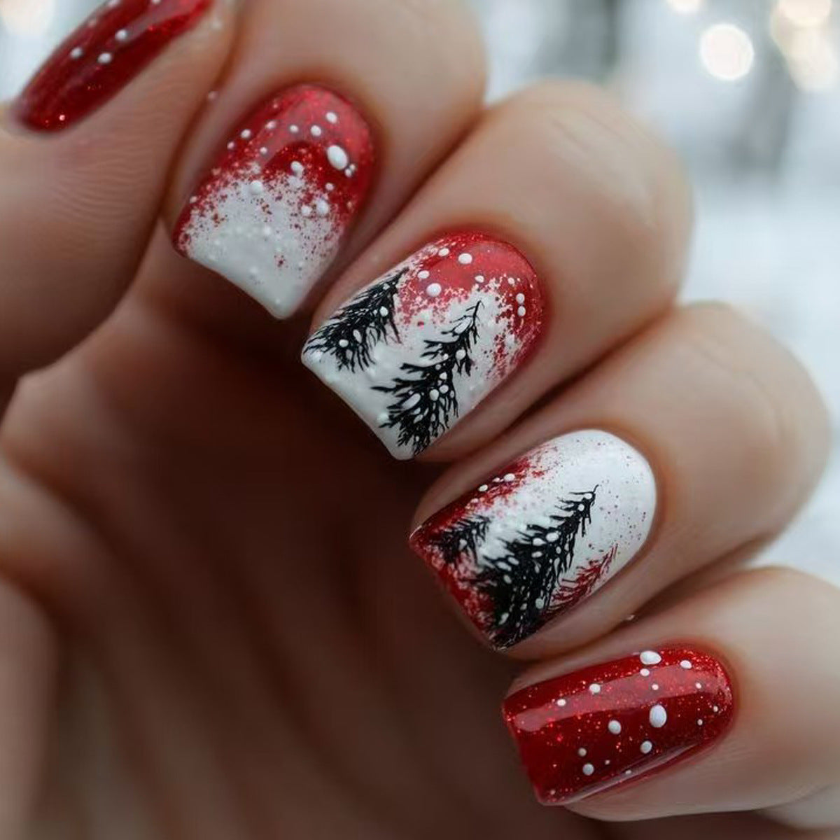 24pcs/Set Christmas Tree Glitter Short Press On Nails