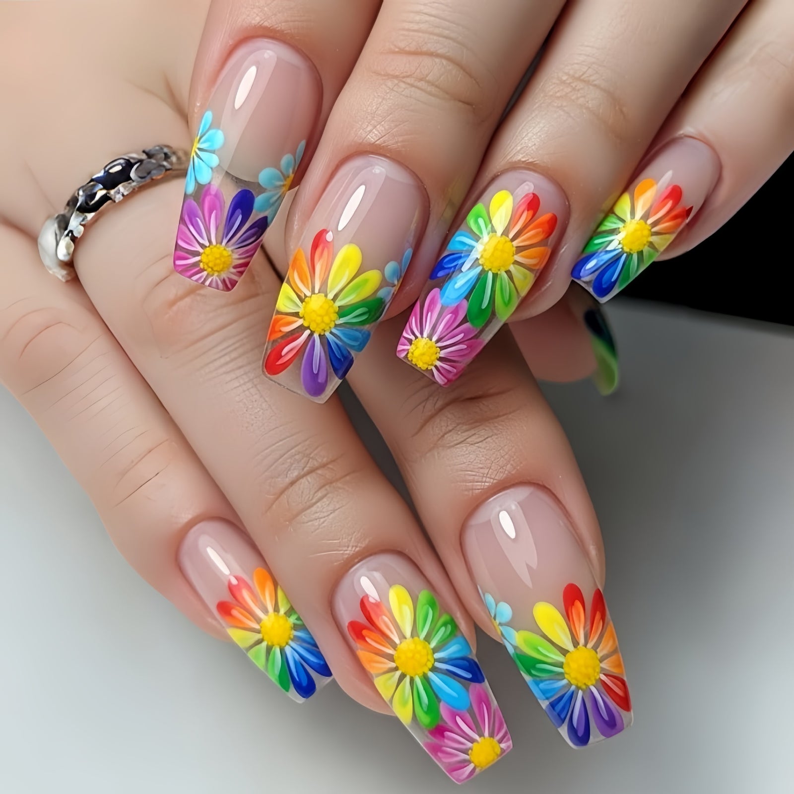 24pcs/Set Rainbow Daisy Press-On Nails