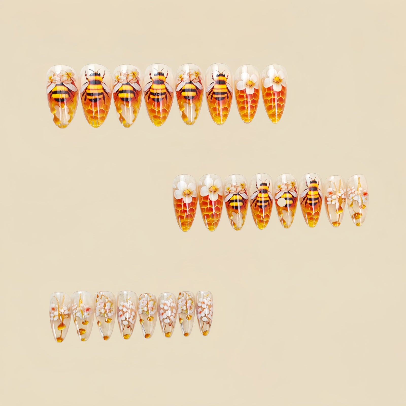 24pcs/Set Transparent Bee Honeycomb Floral Press-On Nails