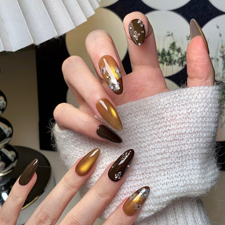 (Handmade) 10pcs/Set Gold & Brown Cat Eye Press-On Nails
