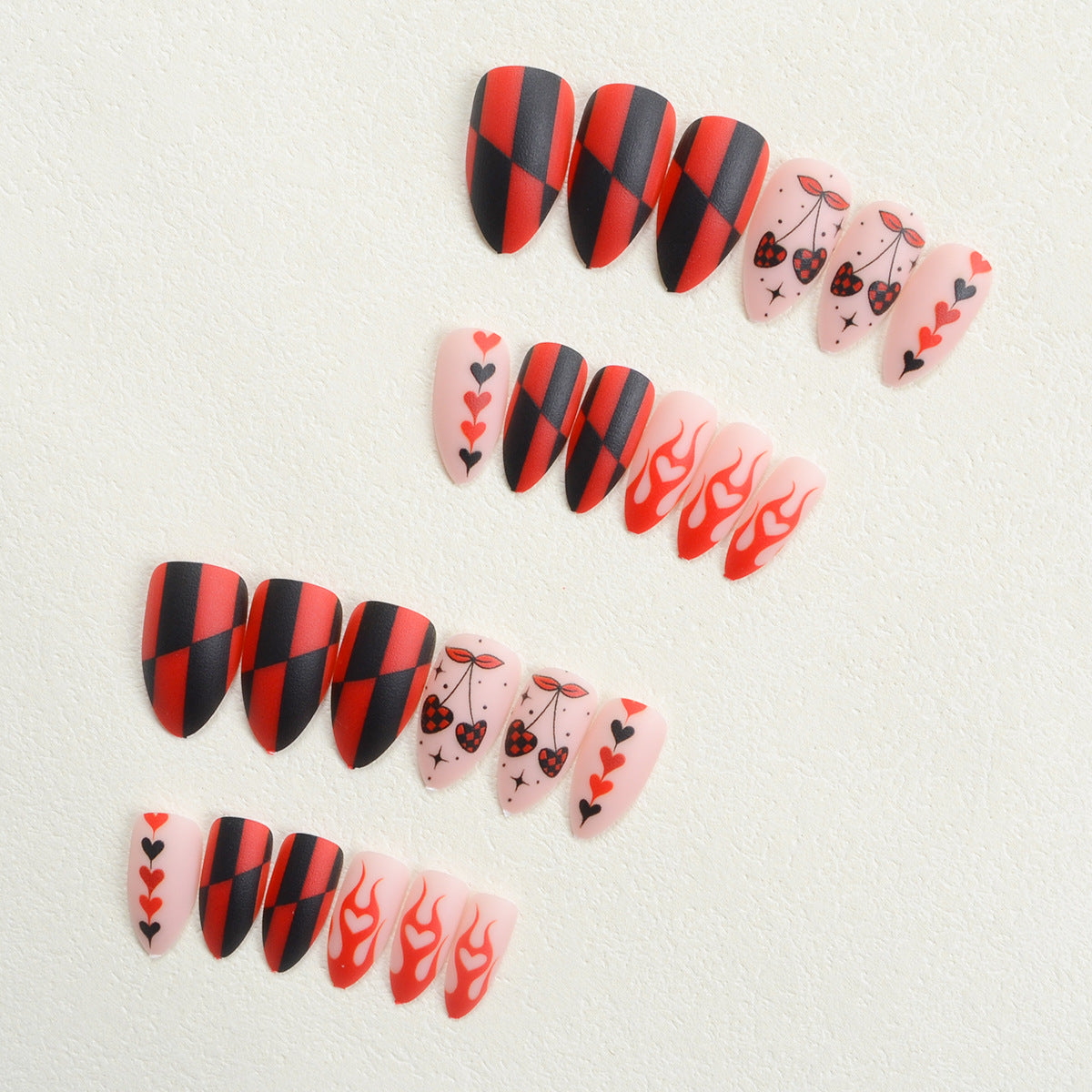 24pcs/Set Black and Red Plaid Heart Cherry Press-On Nails