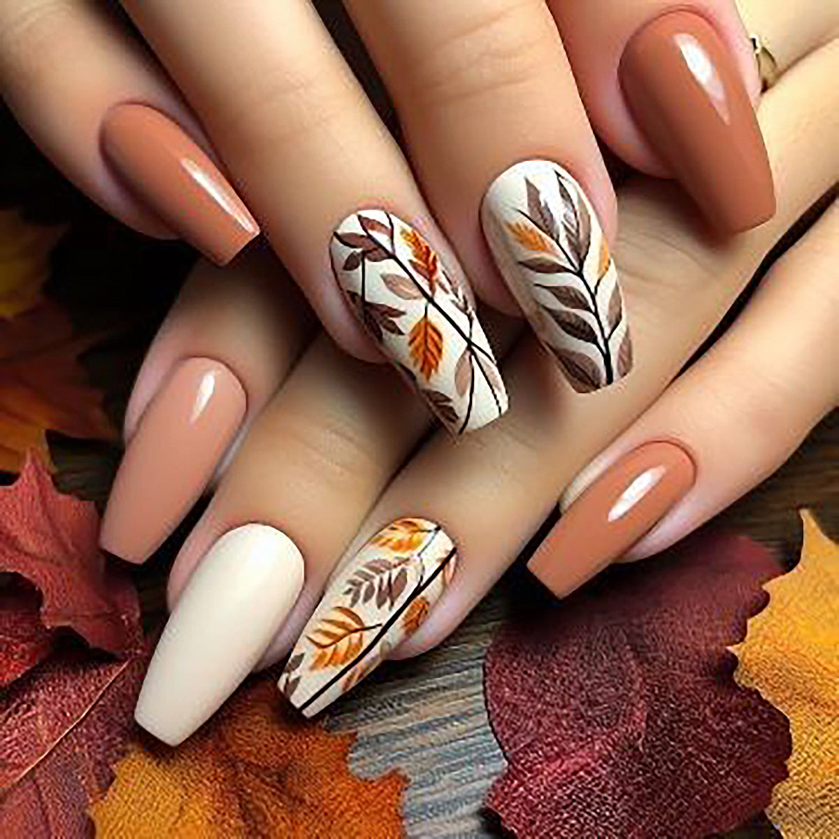 24pcs/Set Colorful Maple Leaves Press-On Nails