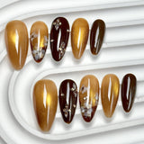 (Handmade) 10pcs/Set Gold & Brown Cat Eye Press-On Nails
