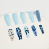 24pcs/Set Light Blue Geometric Floral Pattern Press-On Nails