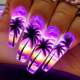 24pcs/Set Purple Palm Tree Tie-Dye Press-On Nails