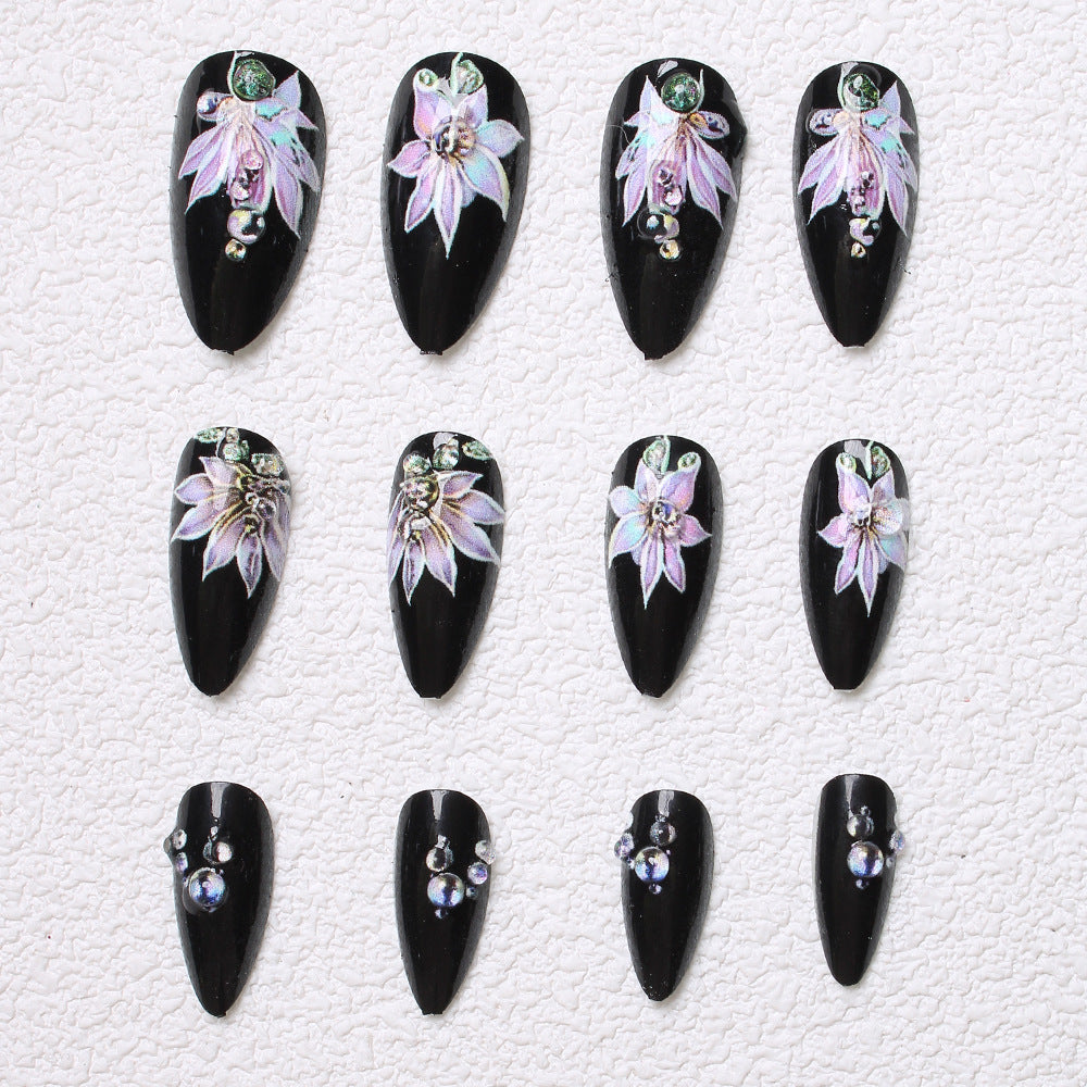 24pcs/Set Black and Purple Floral Press-On Nails