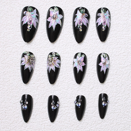 24pcs/Set Black and Purple Floral Press-On Nails