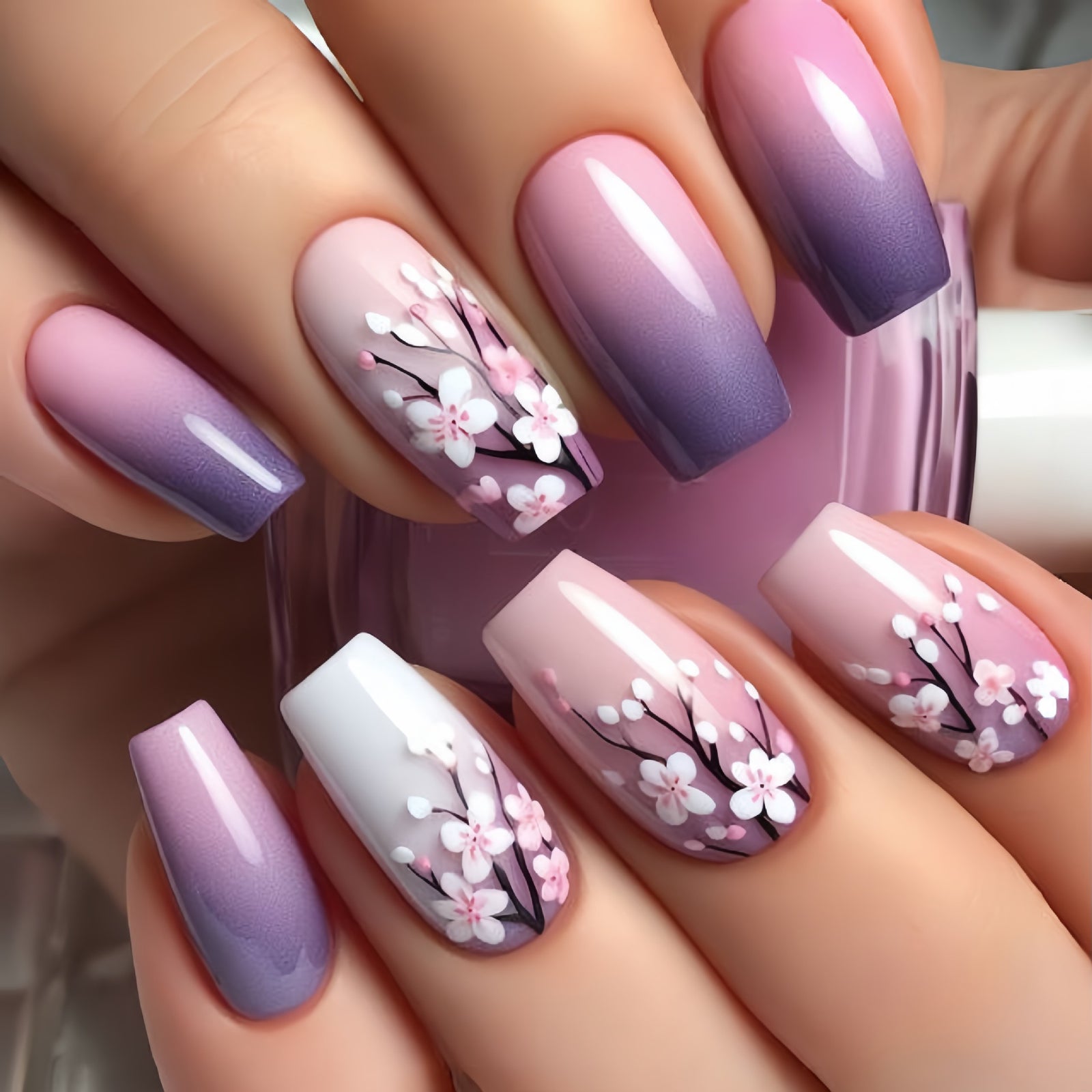 24pcs/Set Purple Gradient Plant Flowers Press-On Nails