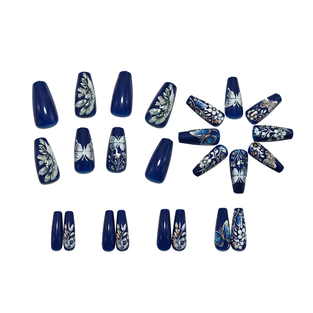24pcs/Set Silver Butterfly Flowers Press-On Nails