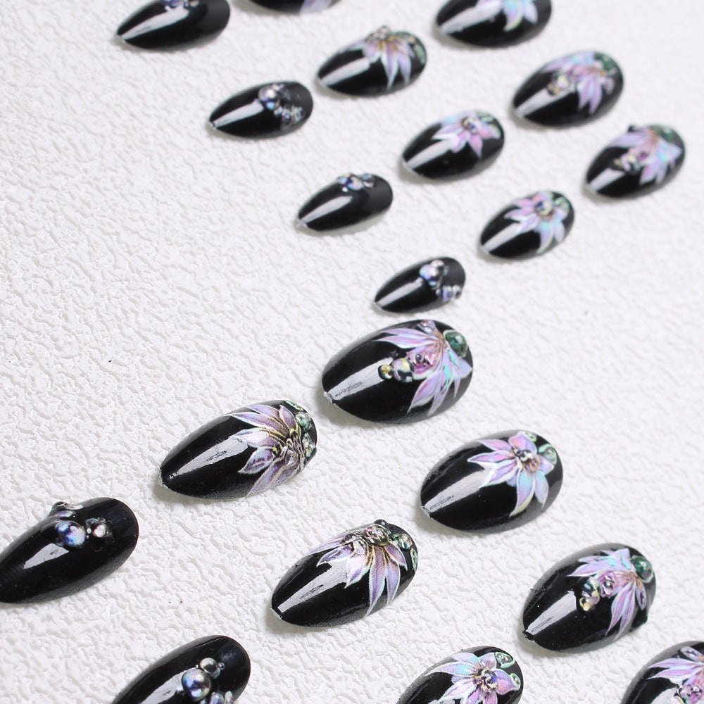 24pcs/Set Black and Purple Floral Press-On Nails