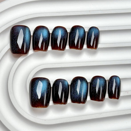 (Handmade) 10pcs/Set Black-Blue Solid Cat Eye Press-On Nails