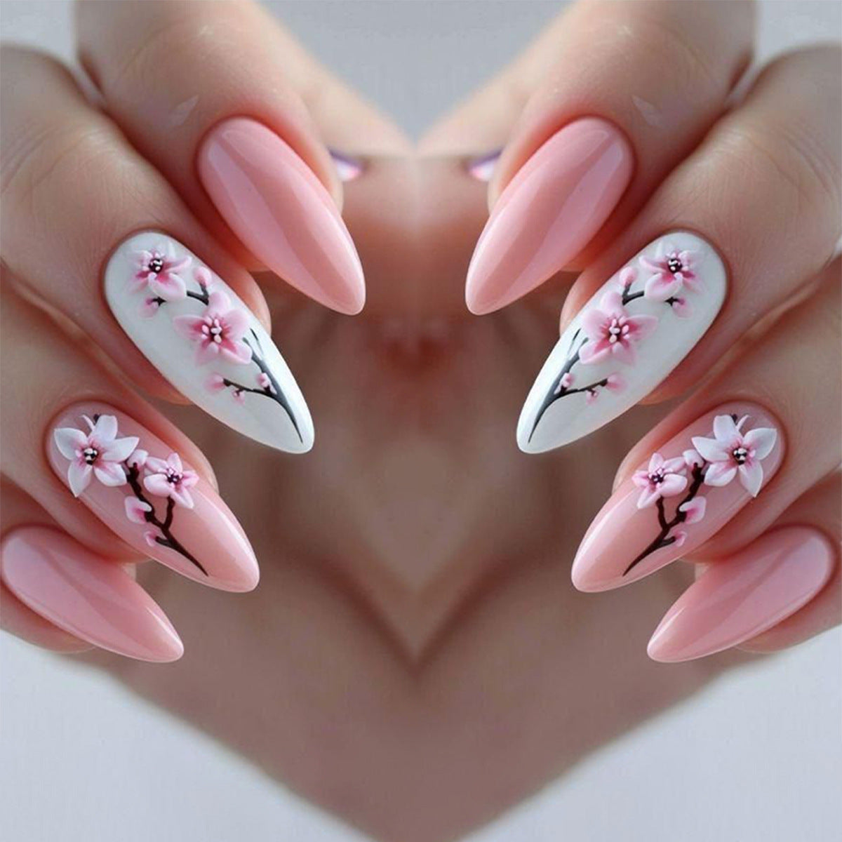 24pcs/Set Pink Flowers Press-On Nails