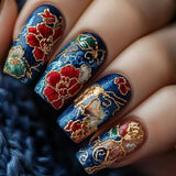 24pcs/Set Blue Gilded Botanical Flowers Press-On Nails