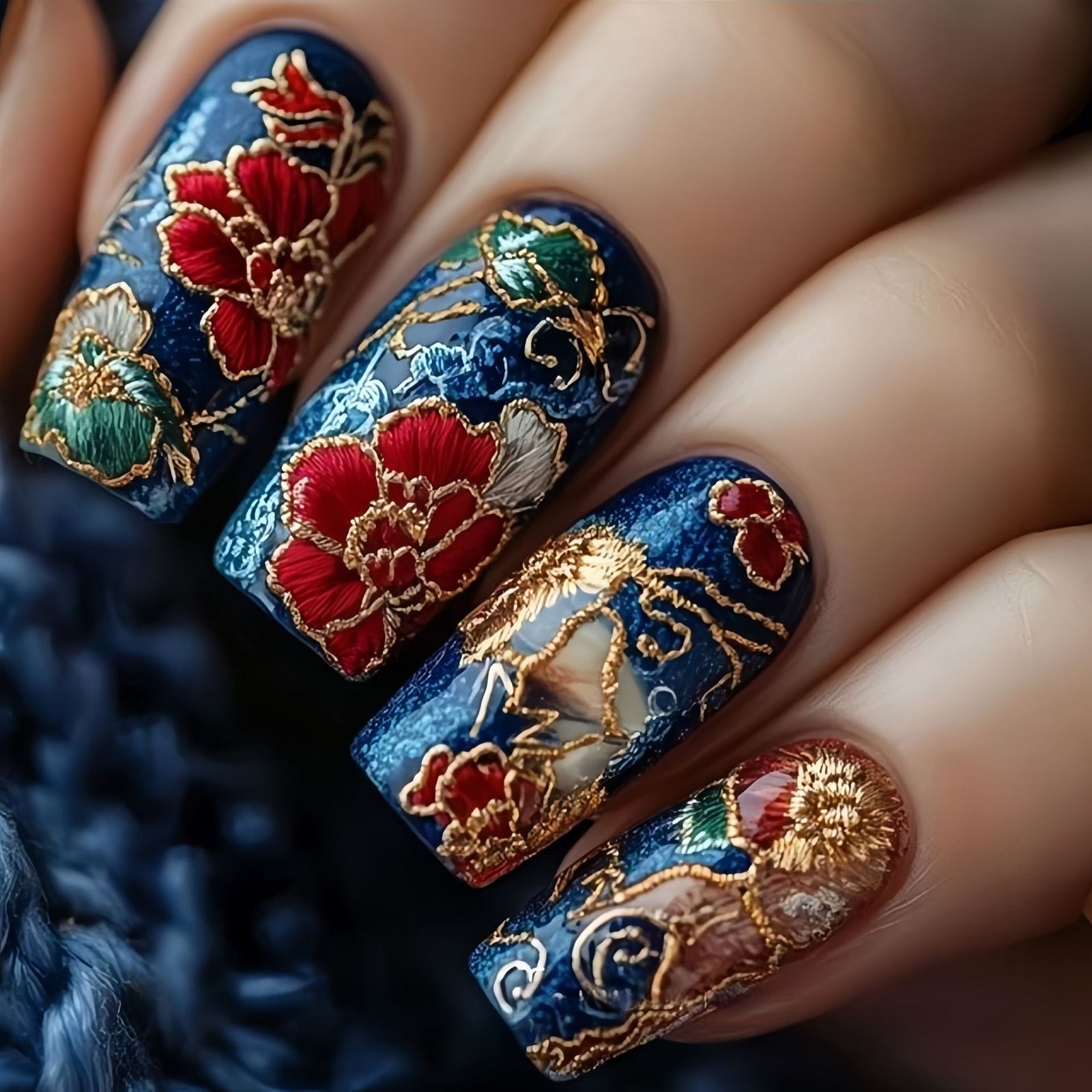 24pcs/Set Blue Gilded Botanical Flowers Press-On Nails