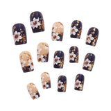 24pcs/Set Navy Blue with White Flowers & Gold Stamens Press-On Nails