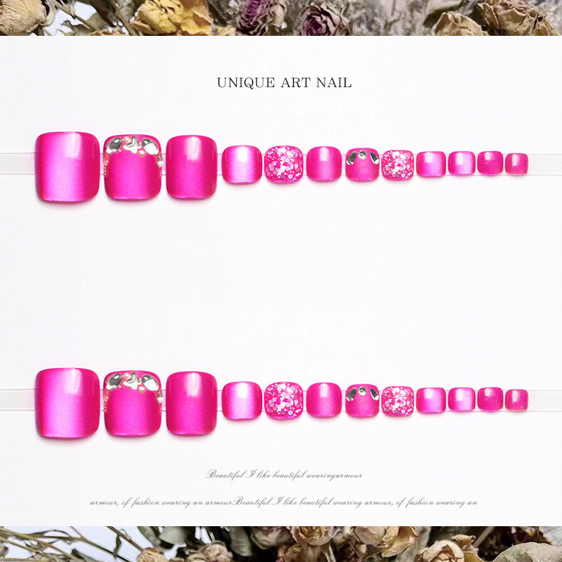 24pcs/Set Dragon Fruit Sparkle Cat Eye Press On Toe Nail